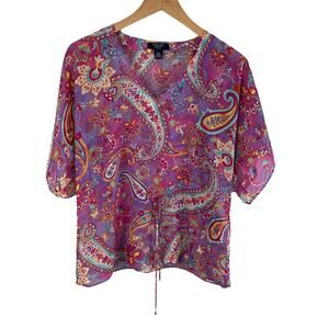 CHAPS Women's Short Sleeve Sheer Paisley Print Blouse Top Purple Petite S Boho